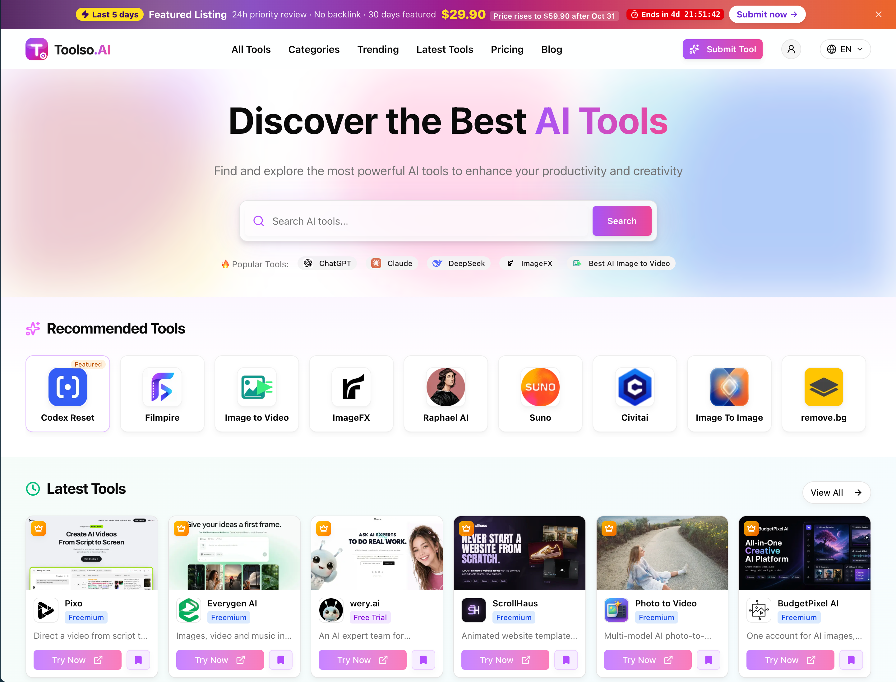 Toolso homepage with search and directory sections